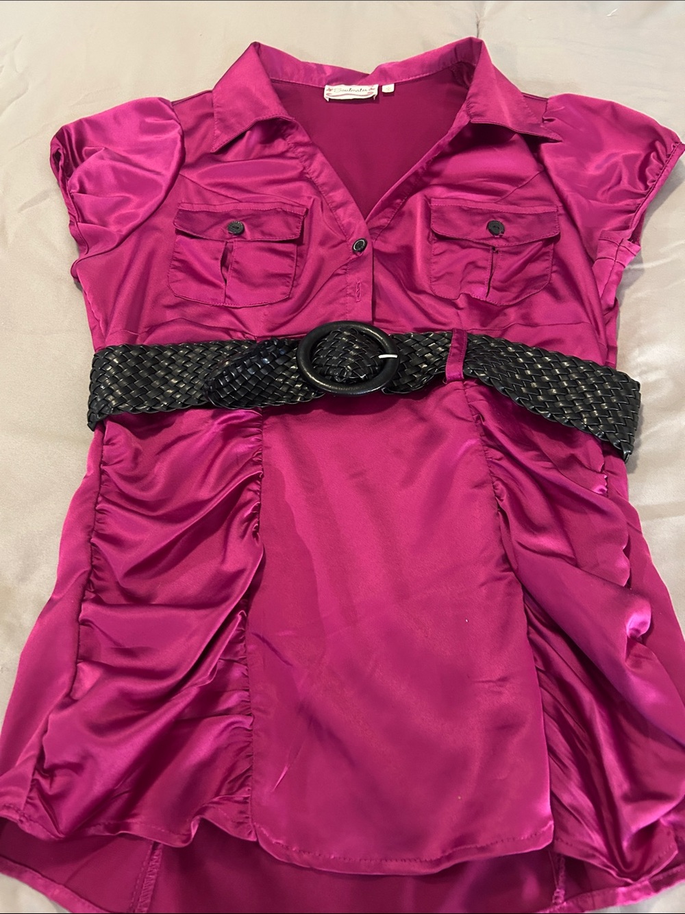 Soulmates Magenta Satin Shirt Top with Black Woven Belt